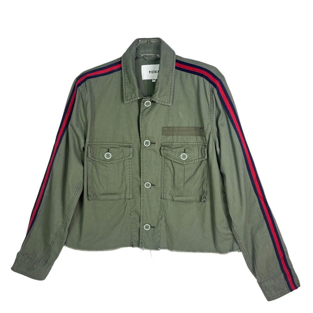Pistola Camilo Military Jacket Medium Army Green Pockets Stripe on Sleeves Crop